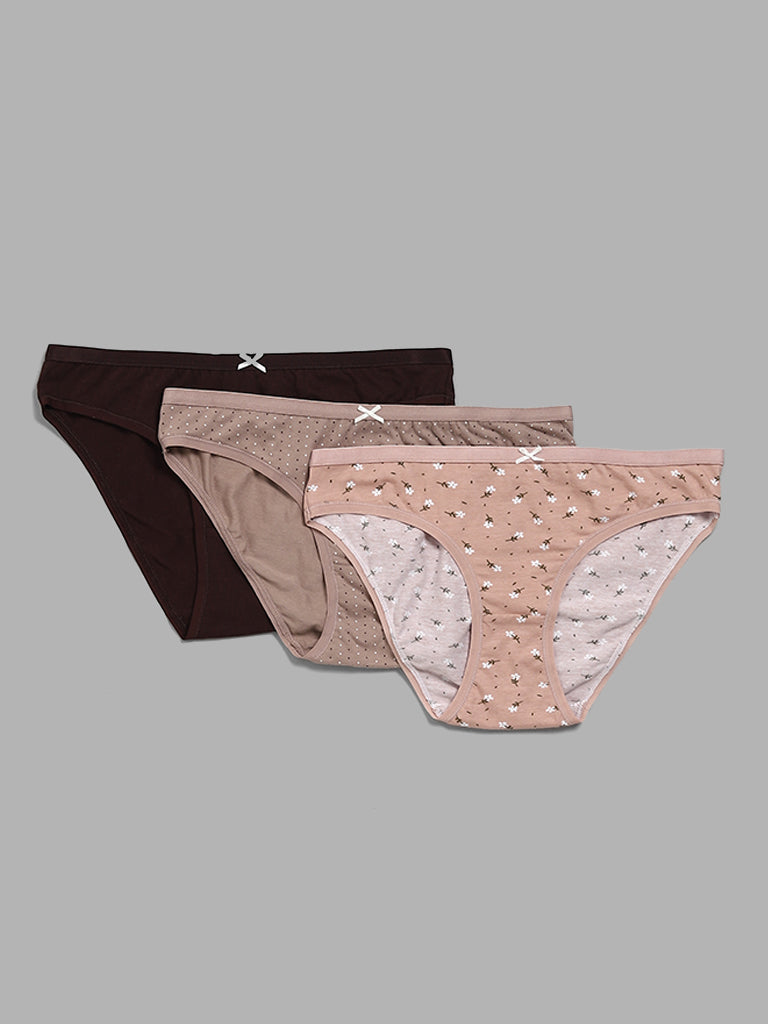 Wunderlove Solid Maroon Cotton Blend Bikini Briefs - Pack of 3