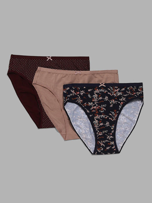 Wunderlove Maroon Polka Dotted High Leg Briefs - Pack of 3