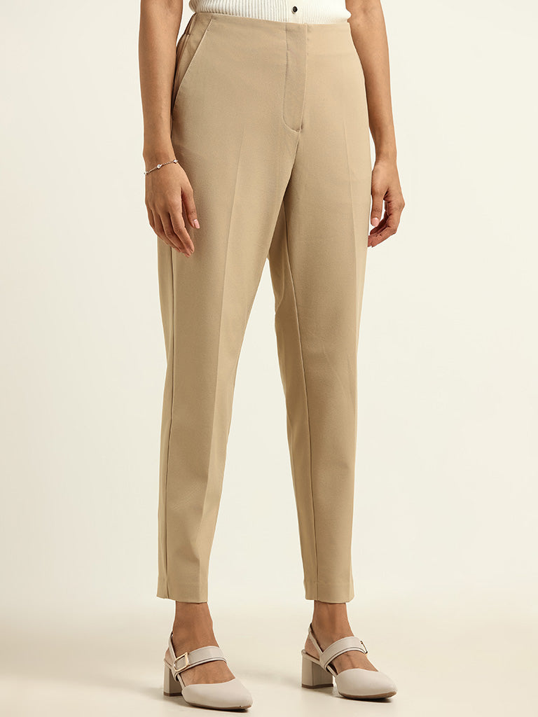 Buy Wardrobe Plain Beige Trousers from Westside