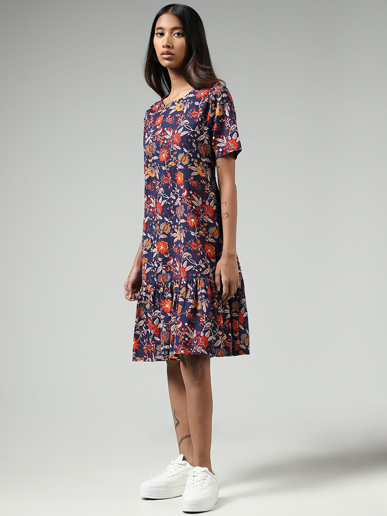 Bombay Paisley Navy Floral Printed Tiered Blended Linen Dress