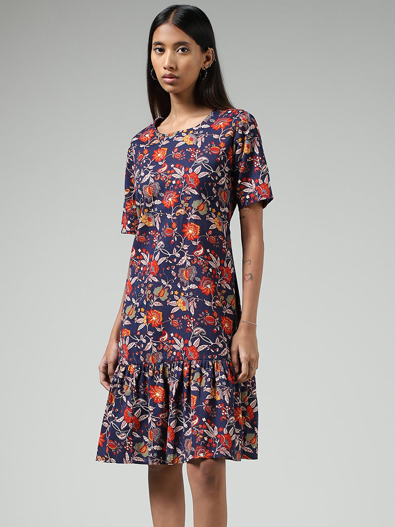 Bombay Paisley Navy Floral Printed Tiered Blended Linen Dress