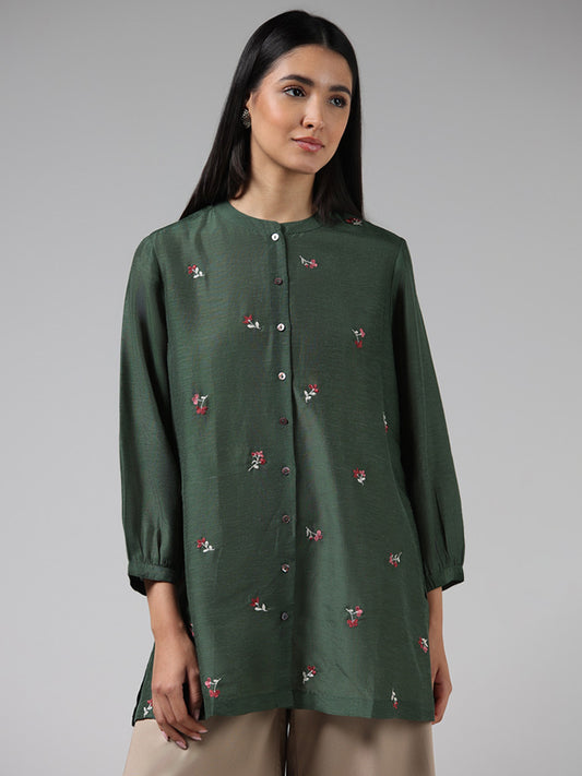 Zuba Olive Floral Embroidered Buttoned Down Blended Linen Kurti