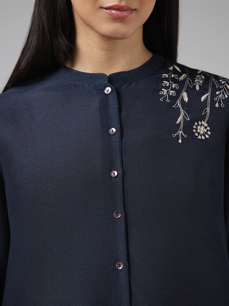 Zuba Indigo Floral Embroidered Blended Linen Buttoned Down Kurti
