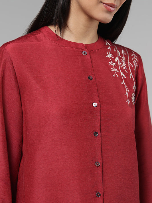 Zuba Maroon Floral Embroidered Buttoned Down Blended Linen Kurti