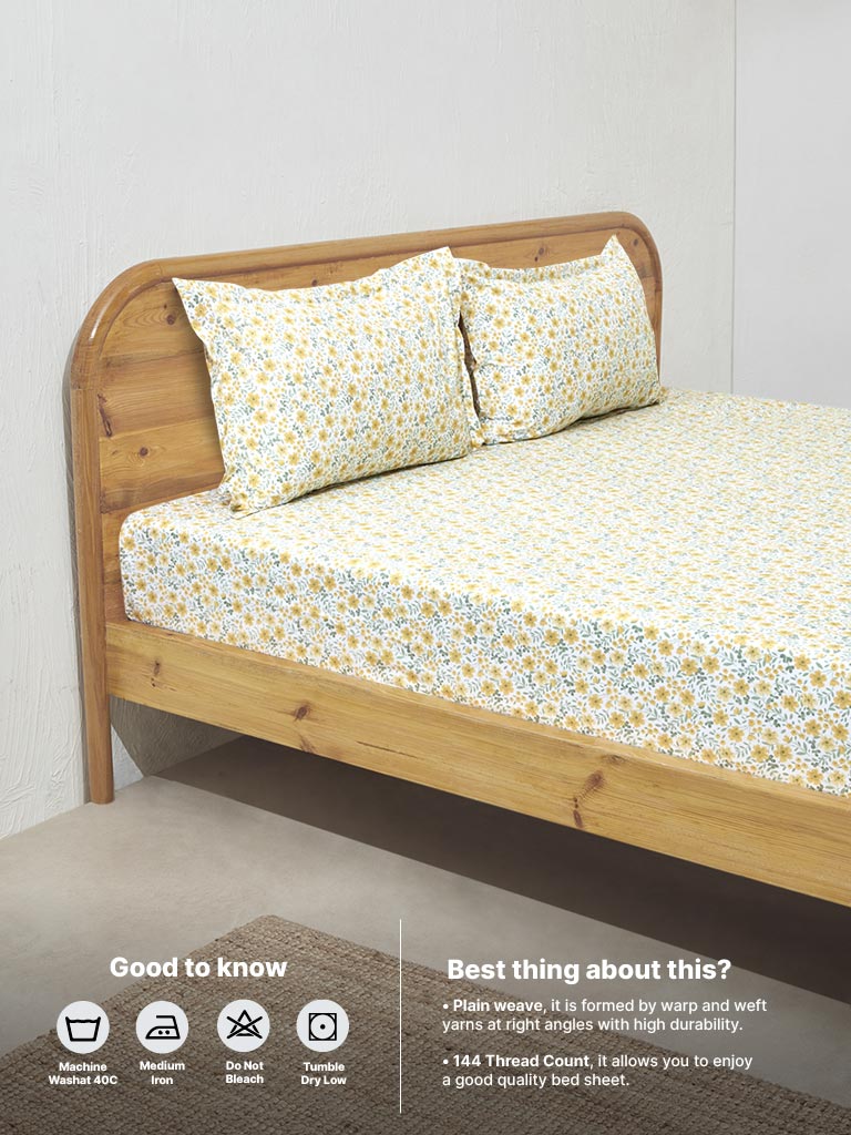Westside Home Yellow Ditsy Floral Design Double Bed Flat Sheet and Pillowcase Set