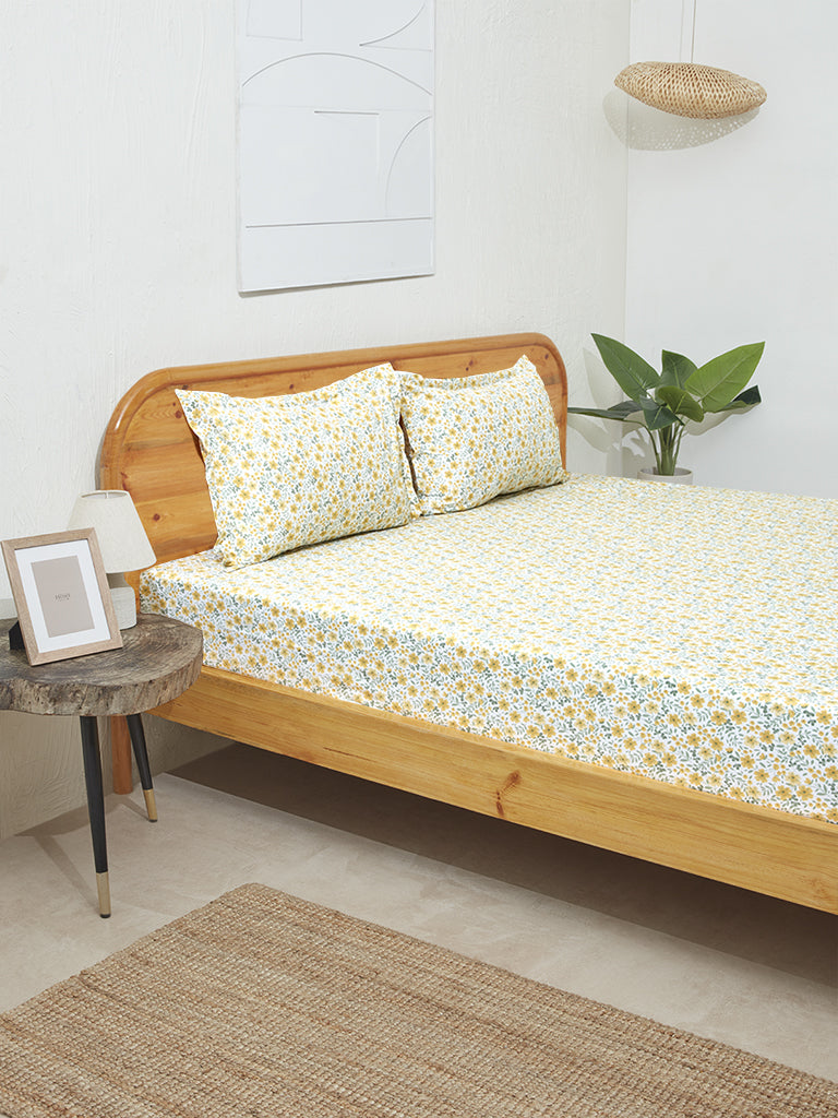 Westside Home Yellow Ditsy Floral Design Double Bed Flat Sheet and Pillowcase Set