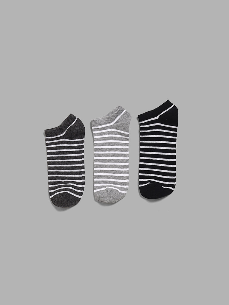 WES Lounge Striped Low Cut Grey Socks - Pack of 3