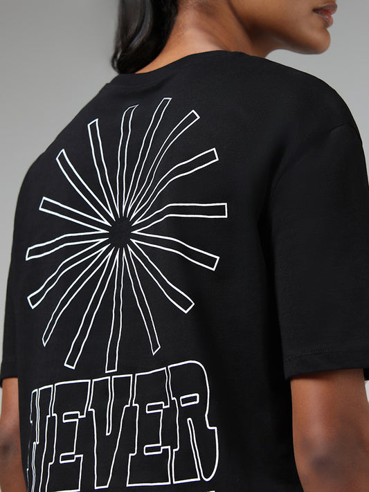 Studiofit Black Embroidered Cotton Blend T-Shirt