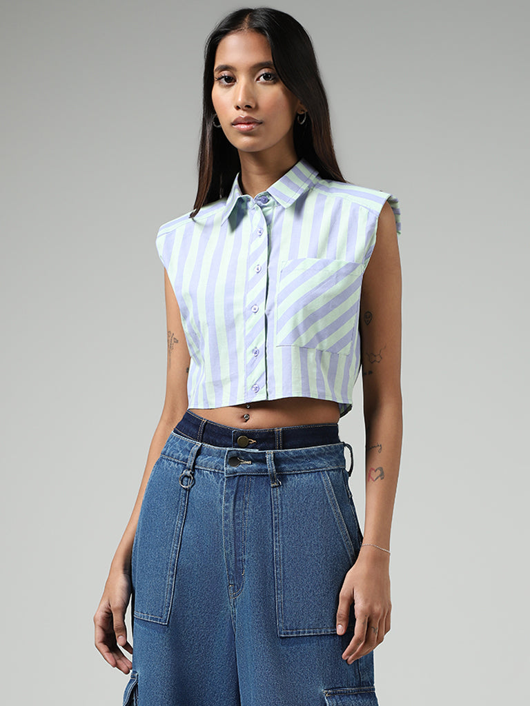 Nuon Lavender Striped Cotton Crop Shirt