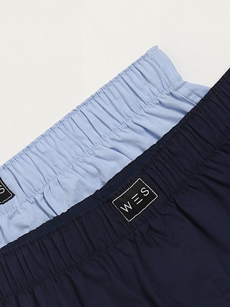 WES Lounge Plain Blue Cotton Boxers - Pack of 2