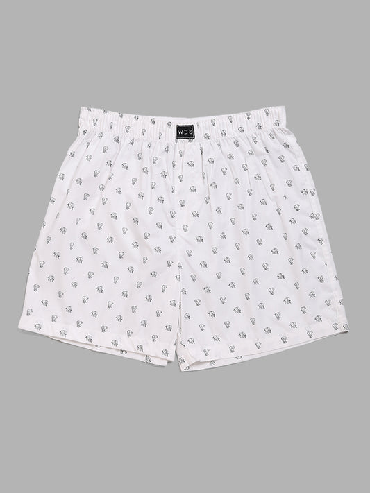WES Lounge White Printed Cotton Boxers - Pack of 2
