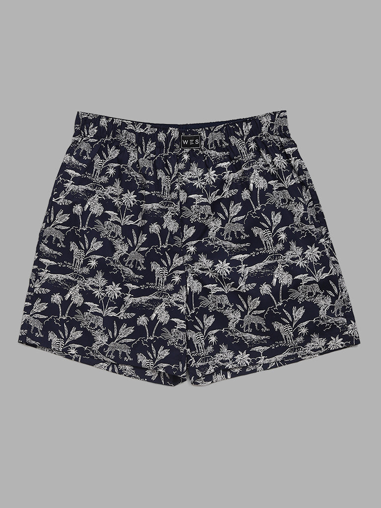 WES Lounge Navy Printed Cotton Boxers - Pack of 2