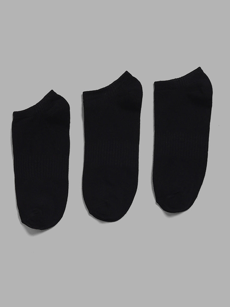 WES Lounge Self-Striped Low Cut Black Cotton Blend Socks - Pack of 3