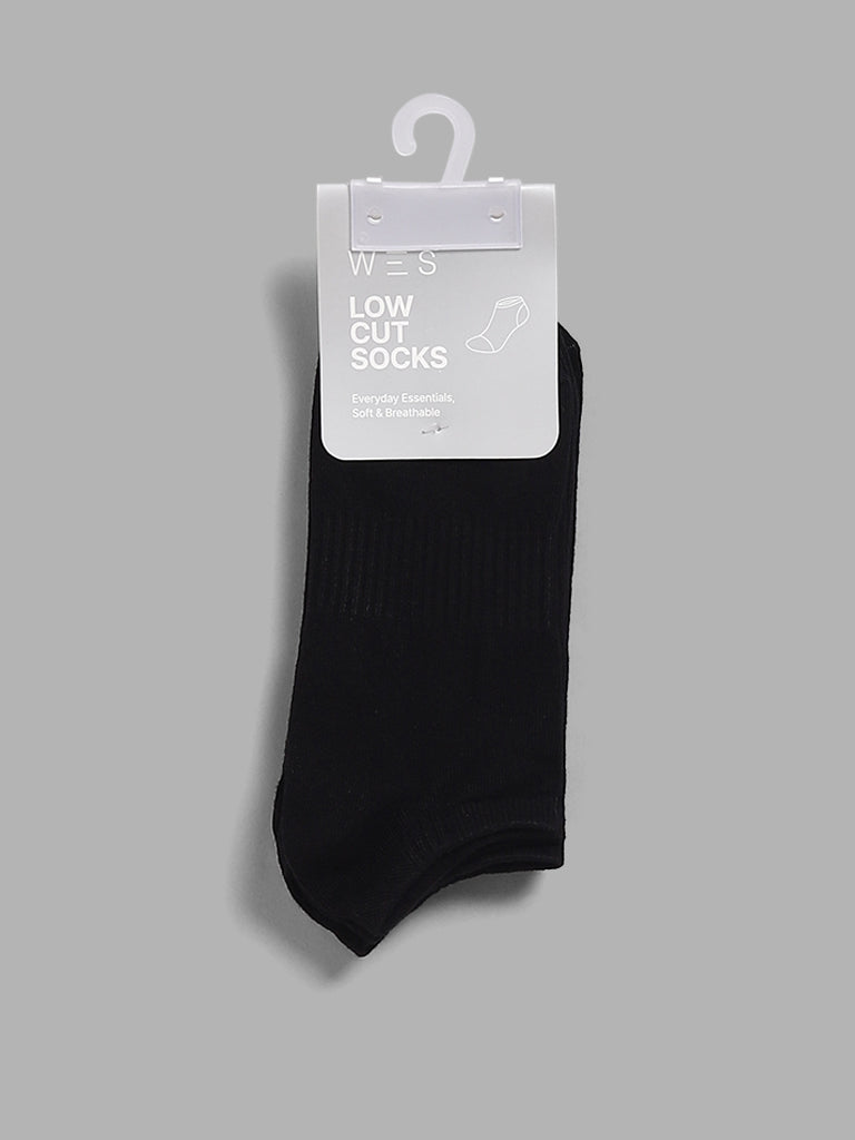 WES Lounge Self-Striped Low Cut Black Cotton Blend Socks - Pack of 3