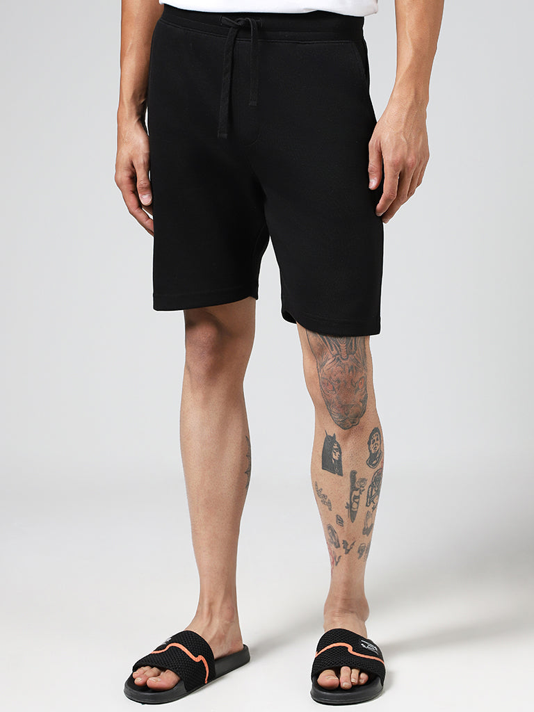 WES Lounge Solid Black Mid-Rise Relaxed Fit Shorts