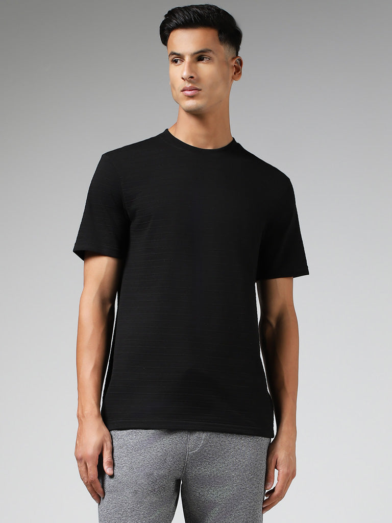 WES Lounge Black Self-Striped Relaxed Fit T-Shirt