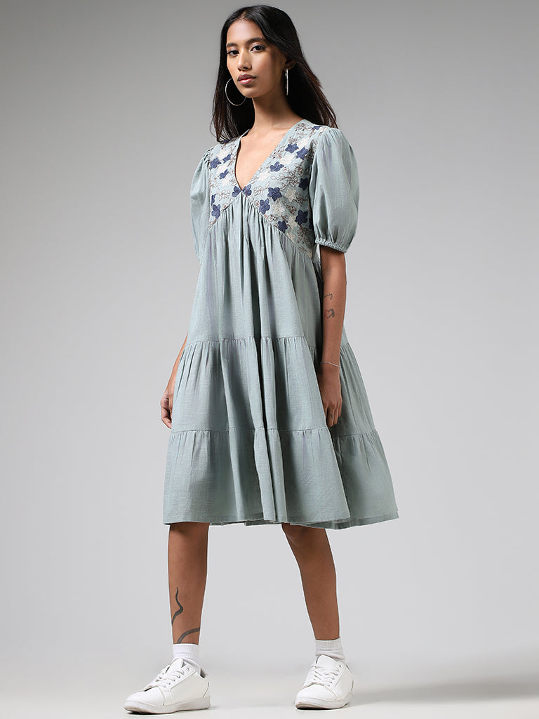 Bombay Paisley Ice Blue Floral Embroidered Cotton Tiered Dress