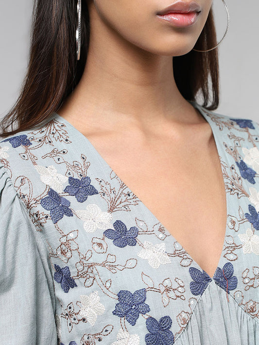 Bombay Paisley Ice Blue Floral Embroidered Tiered Dress