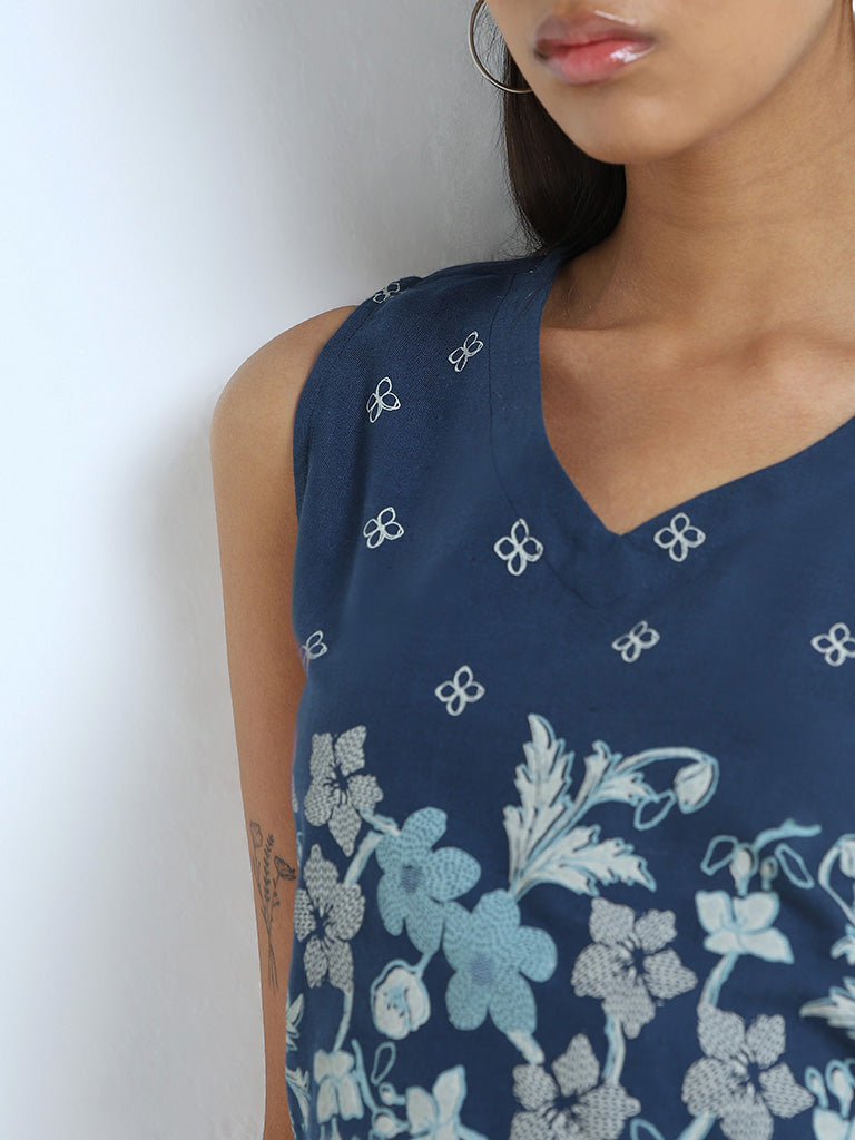 Bombay Paisley Blue Printed Cotton Blend Top