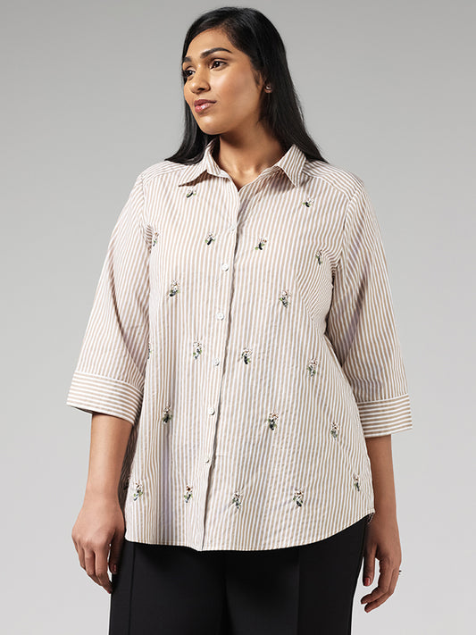 Gia Beige Striped Sequined Cotton Shirt