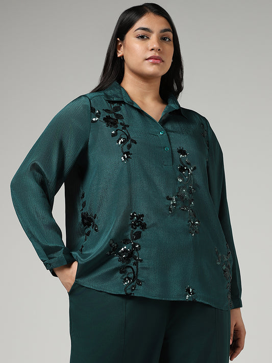 Gia Emerald Green Floral Sequin Embroidered Crepe Top