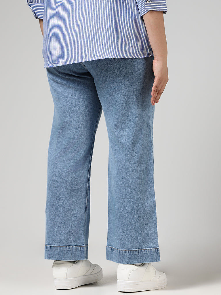 Gia Light Blue Seam Detail Wide Leg Fit Denim Jeans