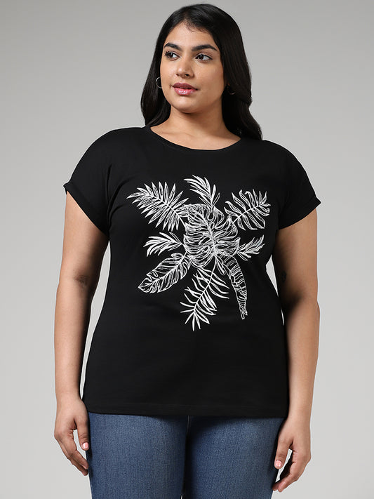 Gia Black Leaf Printed Cotton T-Shirt