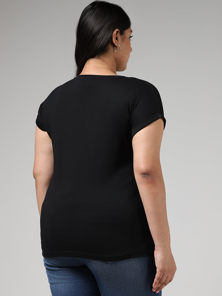 Gia Black Leaf Printed Cotton T-Shirt