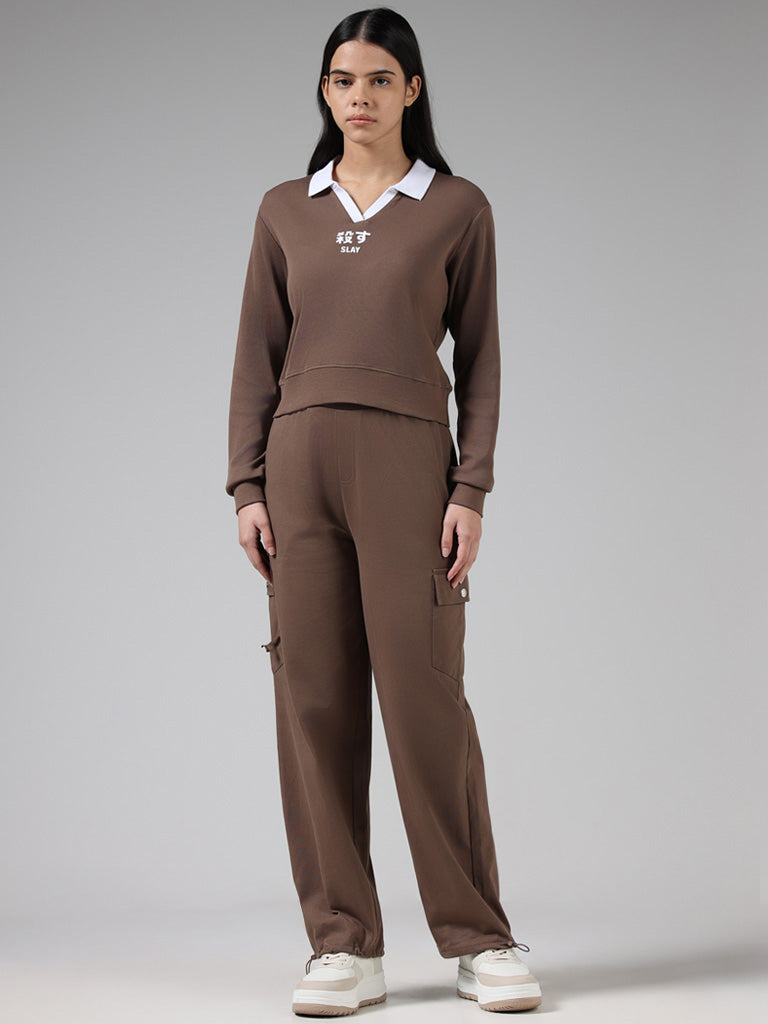 Studiofit Solid Dark Brown High-Waisted Cotton Joggers