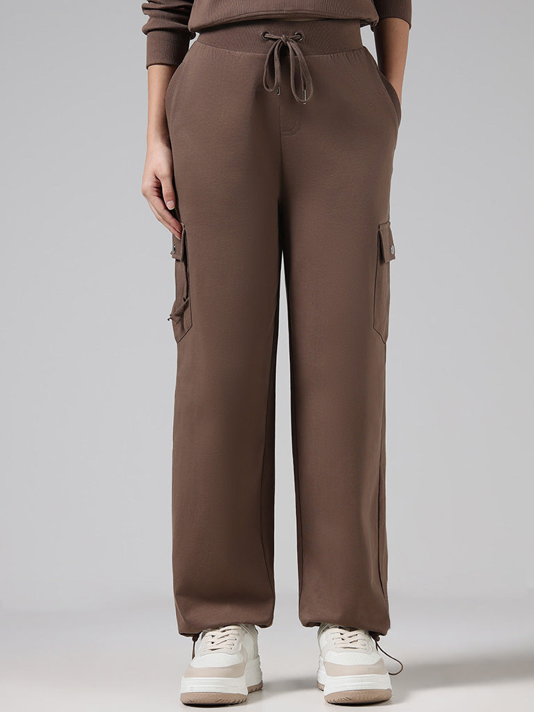 Studiofit Solid Dark Brown High-Waisted Cotton Joggers