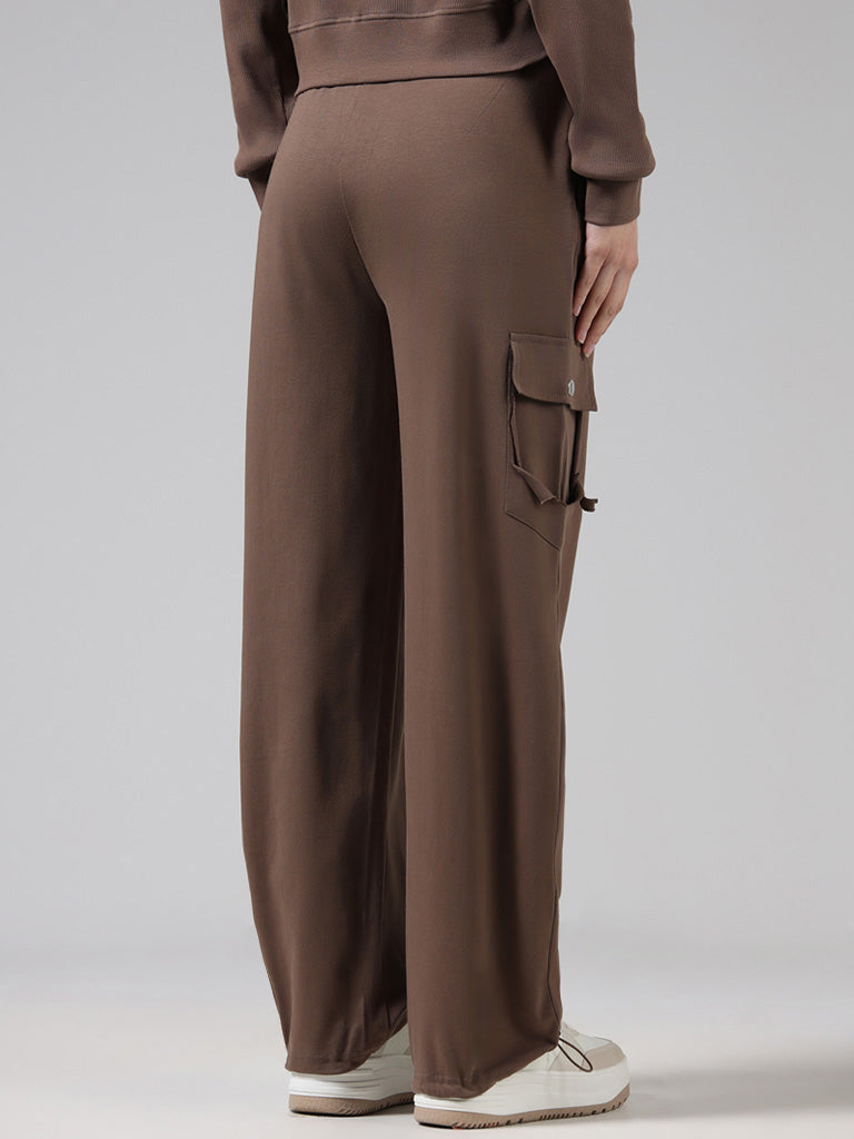Studiofit Solid Dark Brown High-Waisted Joggers