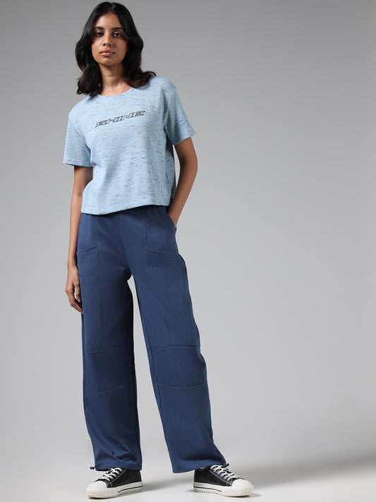 Studiofit Solid Blue High-Waisted Cotton Joggers