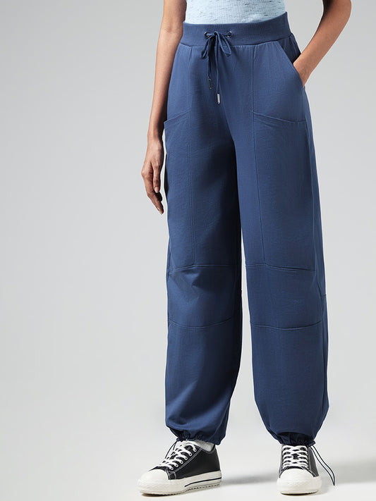 Studiofit Solid Blue High-Waisted Cotton Joggers