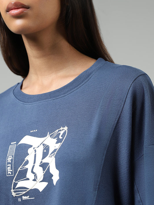 Studiofit Steel Blue Graphic Printed Sweatshirt