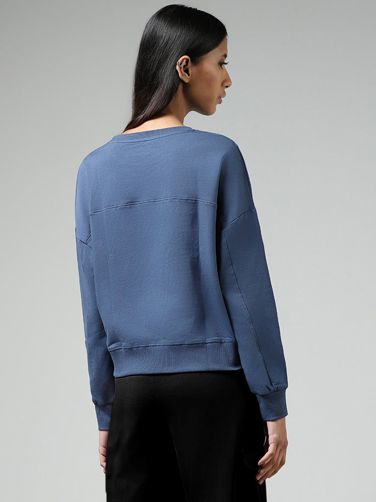 Studiofit Steel Blue Graphic Printed Cotton Blend Sweatshirt
