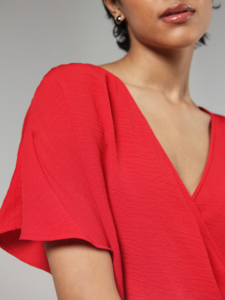 LOV Solid Red Cotton Crinkled Top