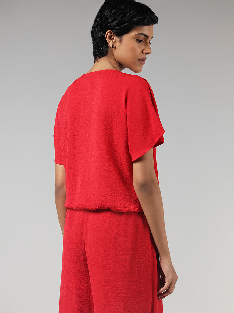 LOV Solid Red Cotton Crinkled Top