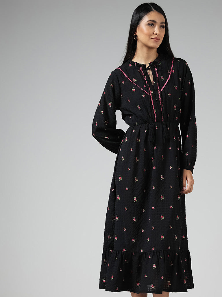 LOV Black Floral Printed Tiered Midi Dress