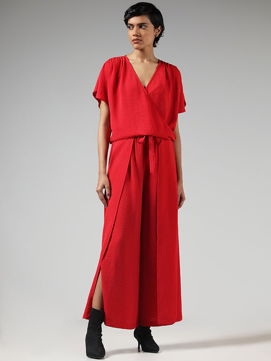 LOV Solid Red Side Slit Cut Trousers