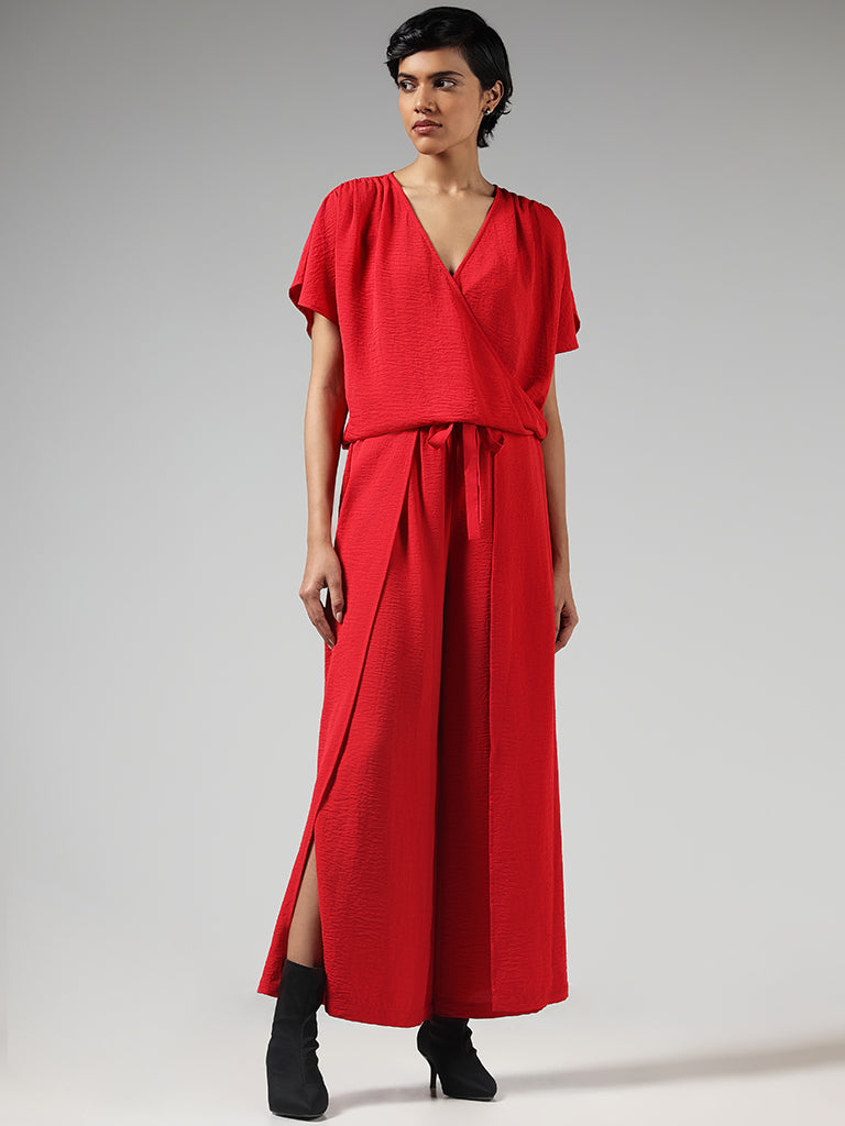 LOV Solid Red Cotton Side Slit Cut Trousers