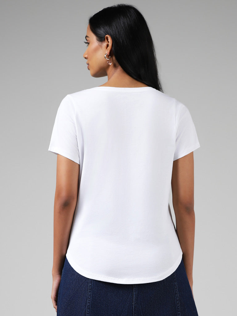 LOV White Printed Cotton T-Shirt