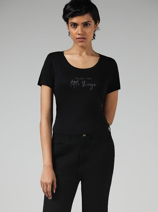 LOV Black Typographic Printed T-Shirt