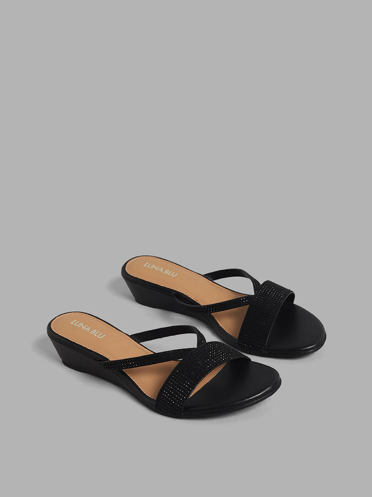 LUNA BLU Black V-Strap Diamante Wedges Sandals
