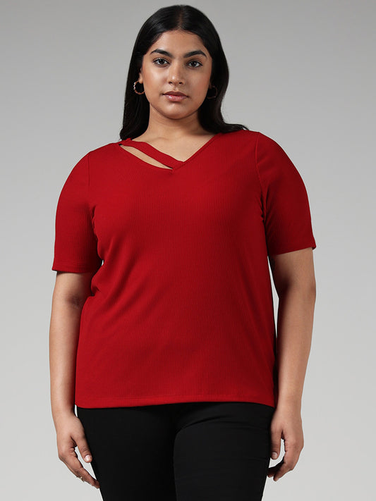 Gia Solid Red Neck Cut-Out T-Shirt