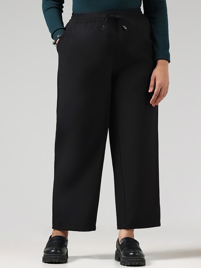 Gia Solid Black Mid Rise Wide Leg Trousers
