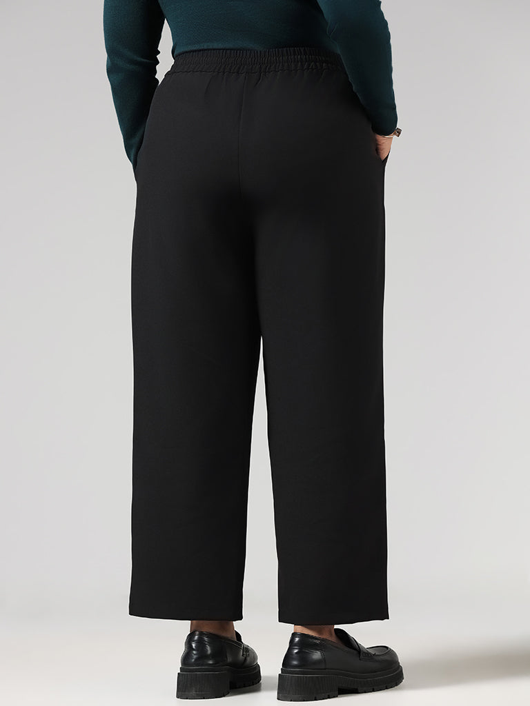 Gia Solid Black Mid Rise Wide Leg Trousers