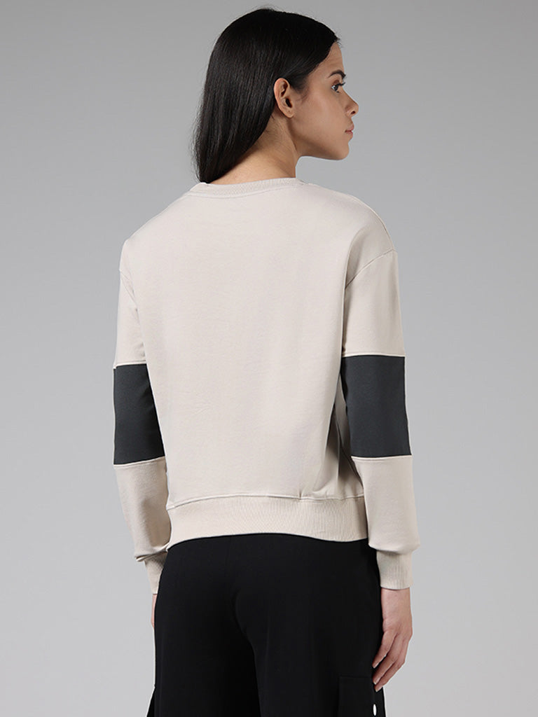 Studiofit Solid Light Beige Cotton Blend Sweatshirt