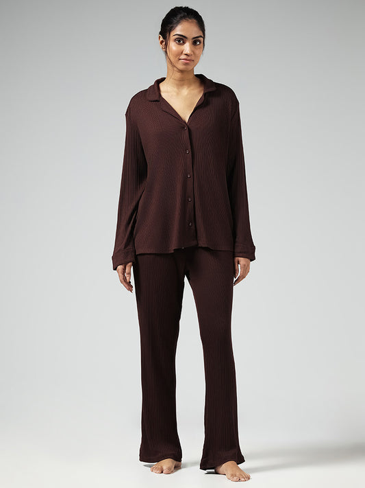 Wunderlove Dark Brown Ribbed Buttondown Shirt