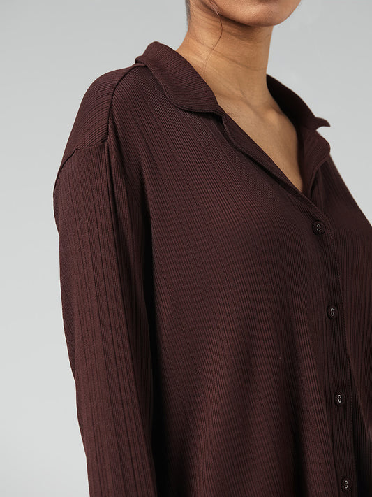 Wunderlove Dark Brown Ribbed Buttondown Shirt