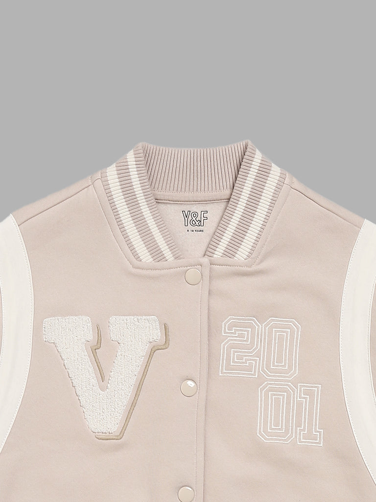 Y&F Kids Beige Embroidered University Jacket